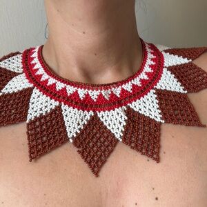 Handcrafted Beaded Necklace - Red, White, and Brown